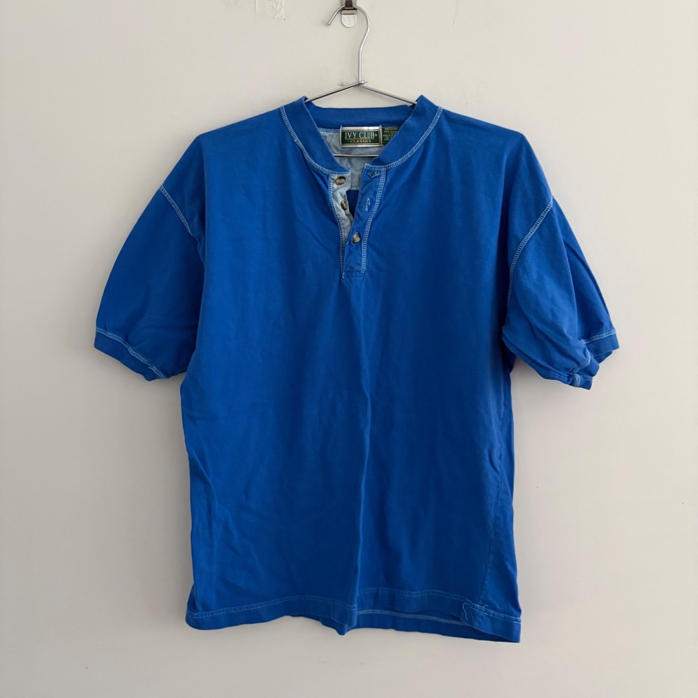 Ivy Club Classics Mens Henley Shirt Short Sleeve Blue Cotton Medium